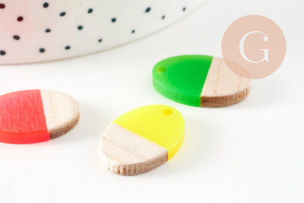 pendentif ovale bois résine colorée, perle bois naturel, Perle géométrique,perle création bijoux bois,23mm,x5 G4640