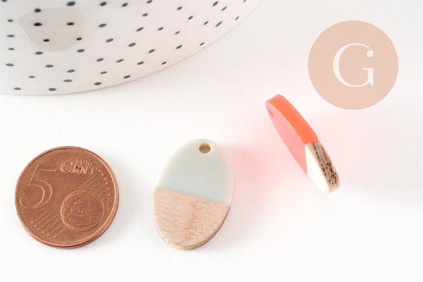 pendentif ovale bois résine colorée, perle bois naturel, Perle géométrique,perle création bijoux bois,23mm,x5 G4640