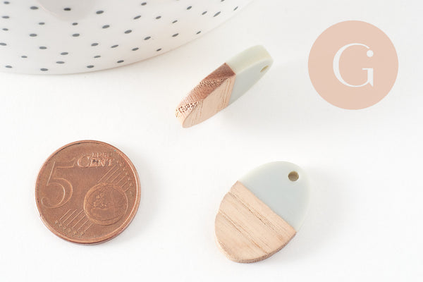 pendentif ovale bois résine gris, perle bois naturel, Perle géométrique,perle création bijoux bois,23mm,x5 G7529