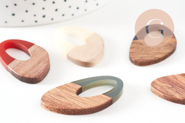 pendentif ovale bois résine , perle bois naturel, Perle géométrique,perle création bijoux bois,39mm,x5 G3783