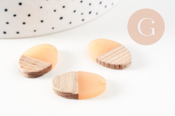 pendentif ovale bois résine rose clair, perle bois naturel, Perle géométrique,perle création bijoux bois,23mm,x5 G3782