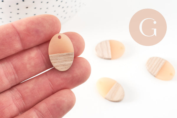 pendentif ovale bois résine rose clair, perle bois naturel, Perle géométrique,perle création bijoux bois,23mm,x5 G3782