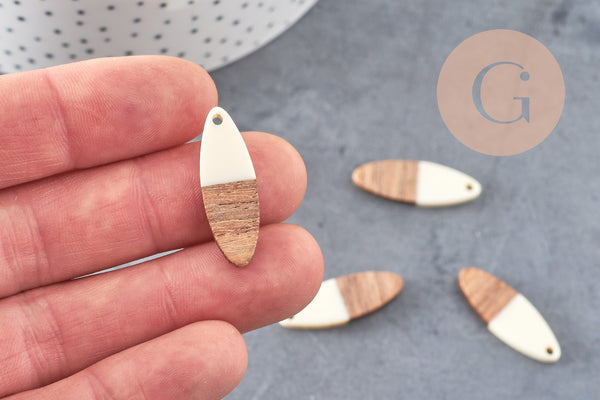 pendentifs ovale bois résine blanche 28mm, création bijoux bois, x5 G1525