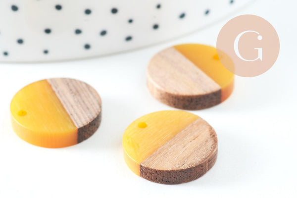 perle disque bois résine jaune 18mm,création bijoux bois x5 G1804