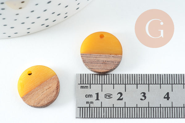 perle disque bois résine jaune 18mm,création bijoux bois x5 G1804