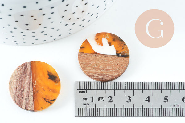 perle disque bois résine multicolore 28mm,création bijoux bois x2 (G5578)