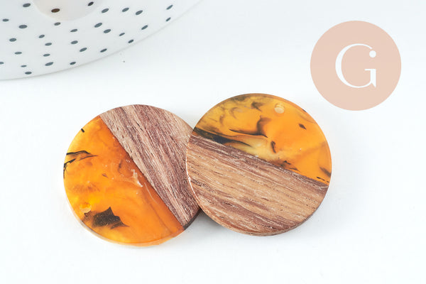 perle disque bois résine multicolore 28mm,création bijoux bois x2 (G5578)