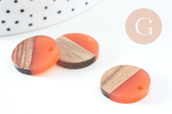 perle disque bois résine orange corail 18mm,création bijoux bois x5, G3153