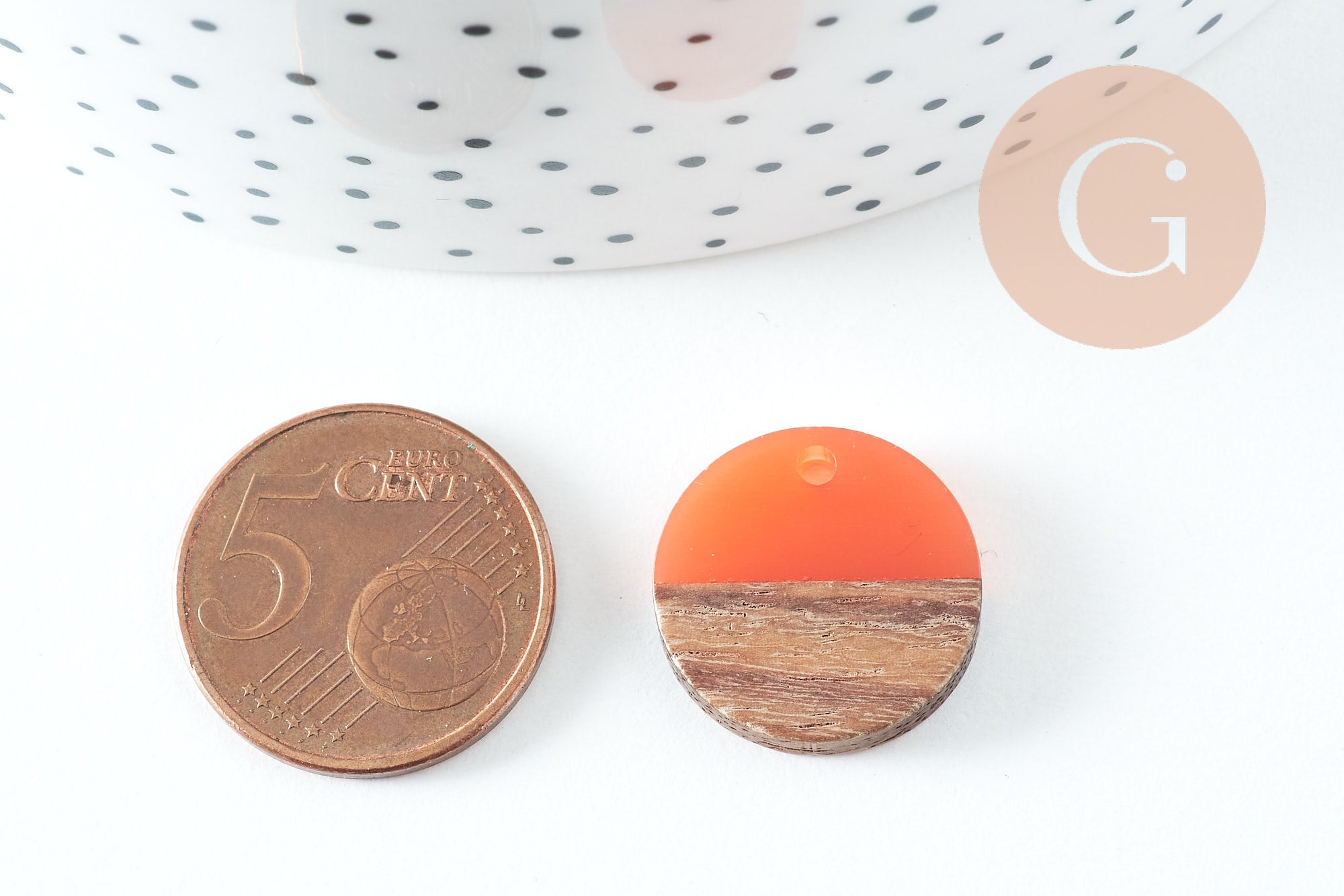 perle disque bois résine orange corail 18mm,création bijoux bois x5, G3153