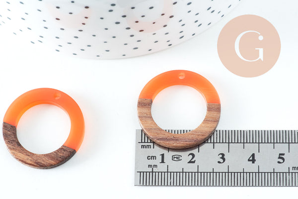 perle disque évidé bois résine orange 28mm, création bijoux bois x5 G4642