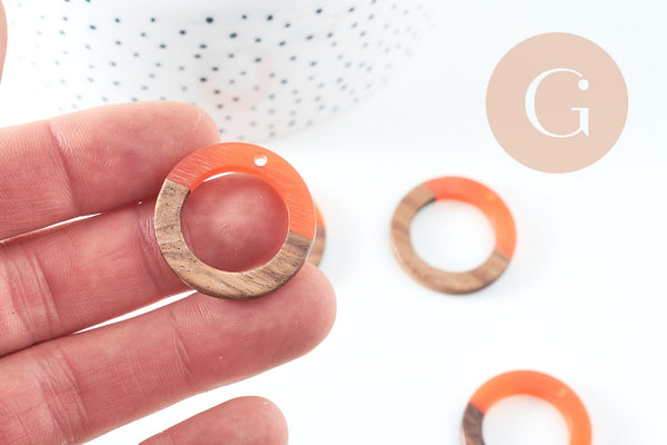perle disque évidé bois résine orange 28mm, création bijoux bois x5 G4642