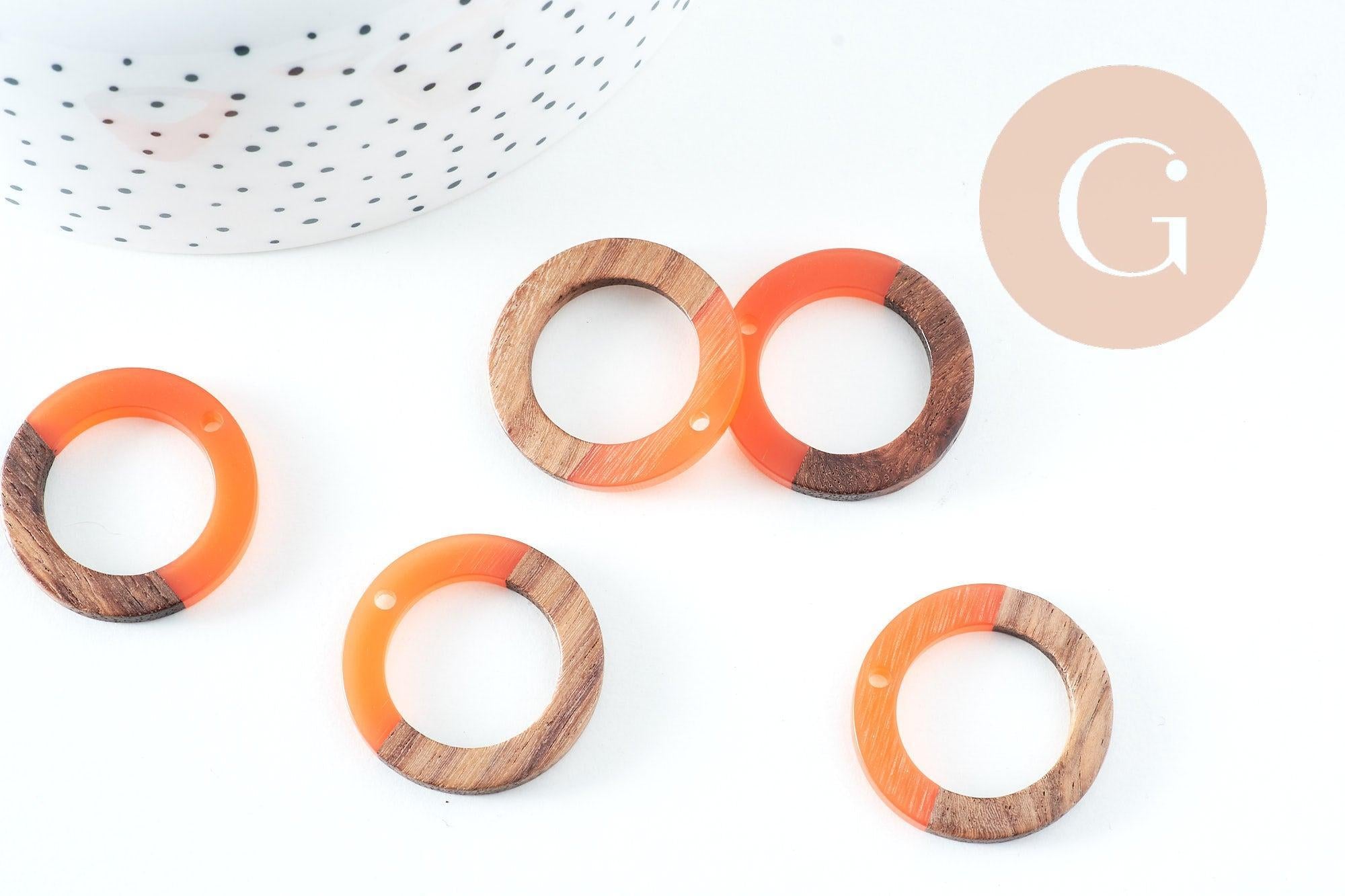perle disque évidé bois résine orange 28mm, création bijoux bois x5 G4642
