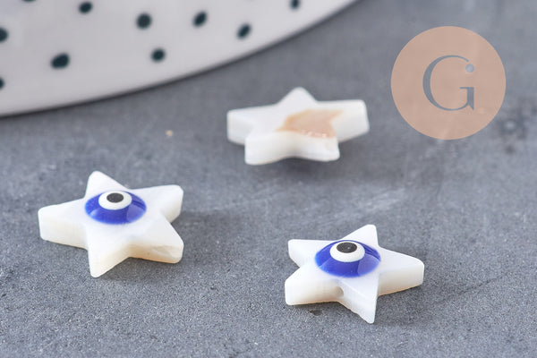 perle étoile nacre blanche mauvais oeil bleu foncé, 12mm, x10 (G3301)