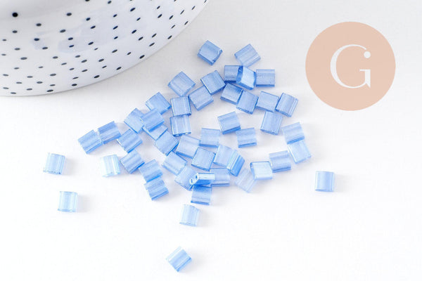perles rocaille carré verre rectangle bleu tendre nacré, perle carré création bracelet, perle tila,4.5mm,2 trous, x50 (4.8 GR) (G4452)