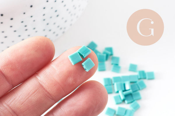 perles rocaille carré verre rectangle vert, perle carré création bracelet, perle tila,4.5mm,2 trous, x50 (4.8GR)(G5480)