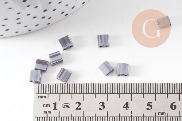 perles rocaille carré verre rectangle violet irisé opaque, perle carré création bracelet, perle tila,4.5mm,2 trous, x50 (4.8GR)(G6311)