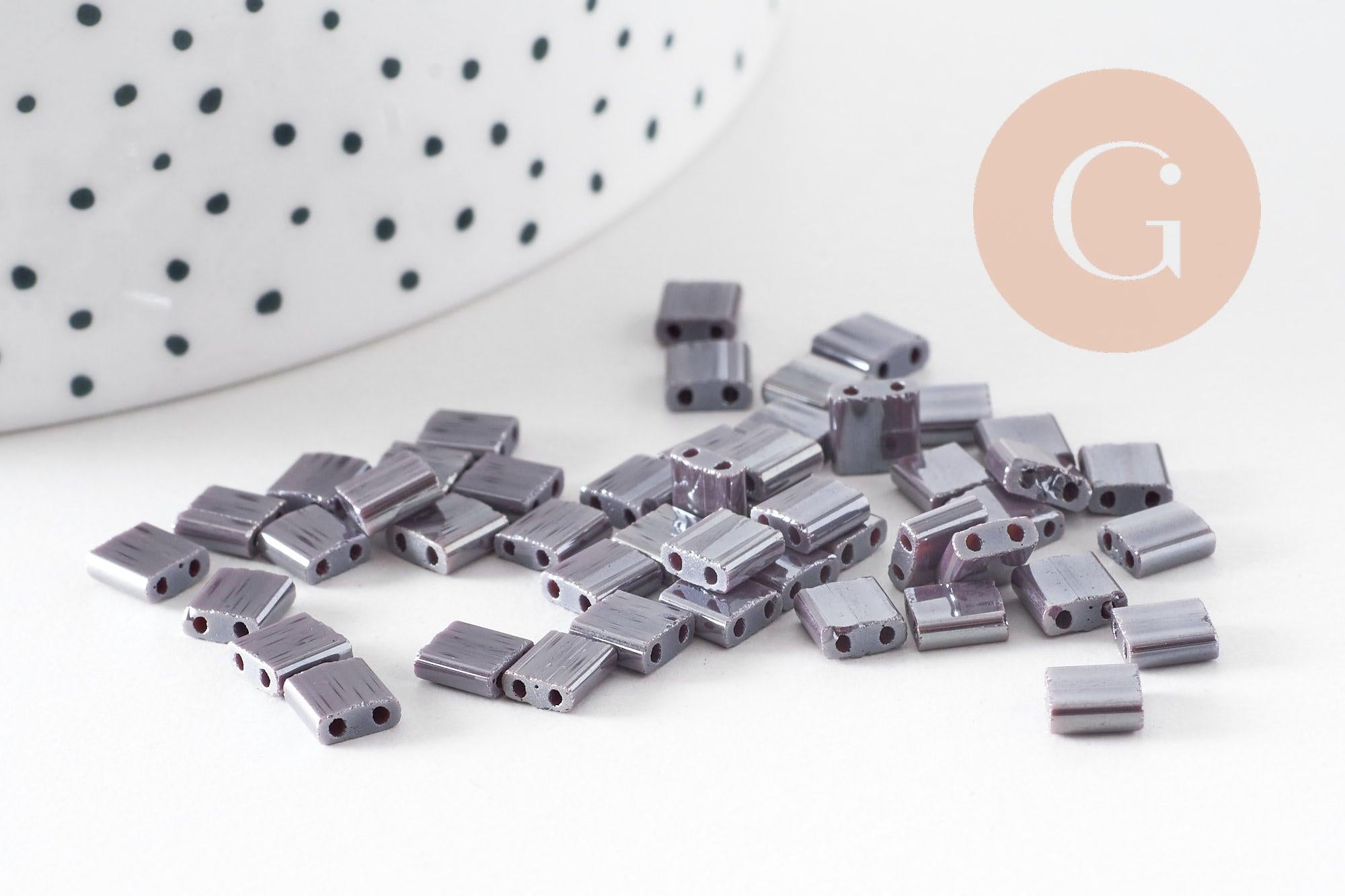 Perles rocaille carré verre rectangle violet irisé opaque tila, 4.5mm,2 trous, x50 (G6311)
