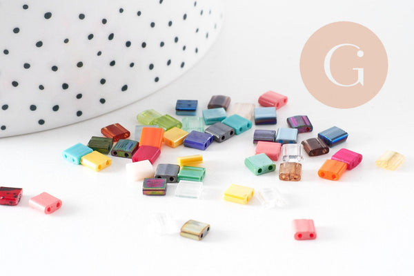 perles rocaille verre rectangle multicolore, perle carré création bracelet, perle tila,4.5mm,2 trous, x50 (G4188)