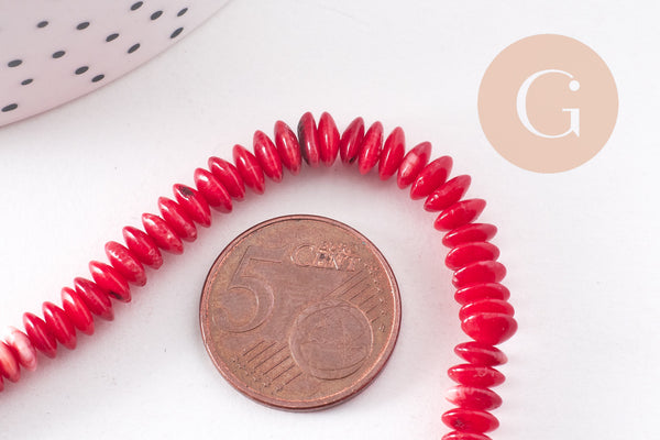 perles rondelles bambou de mer rouge, perles imitation corail, corail naturel, fil de 40cm, 7-7.5mm, x1 (G3886)