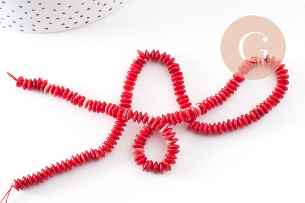 perles rondelles bambou de mer rouge, perles imitation corail, corail naturel, fil de 40cm, 7-7.5mm, x1 (G3886)