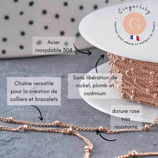 Chaine satellite 304 inoxydable or rose IP 1.5mm, x1 mètre (G10877)