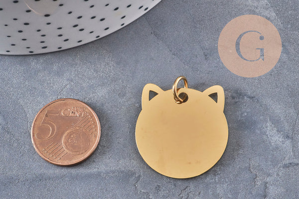 Pendentif tête de chat acier 201 inoxydable doré 29mm personnalisable, x1 VALIDE