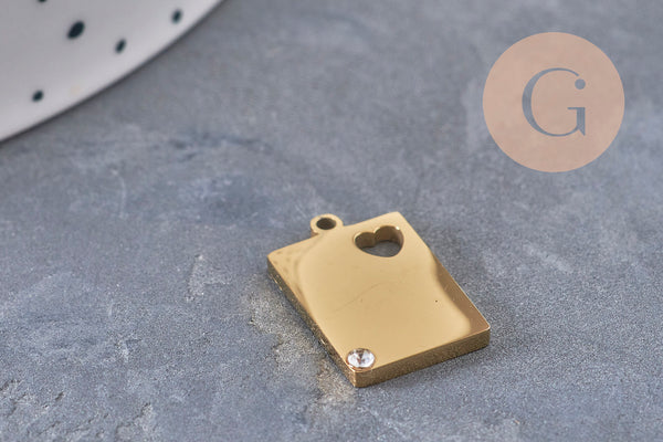 Pendentif rectangle coeur acier 304 inoxydable 304 doré à graver avec zircon 18.5mm, x1 (G11028)