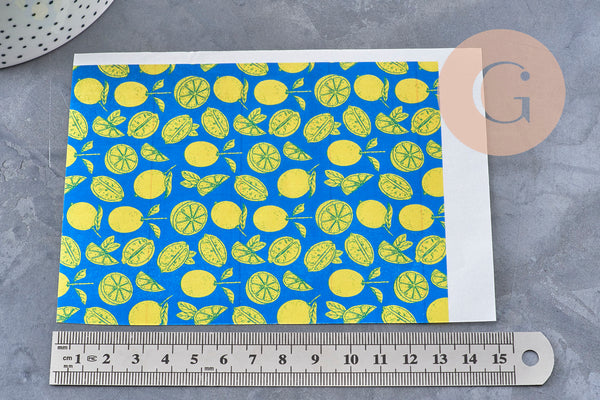 Feuille de transfert polymère – Motif Citrons Fond bleu 14x10 cm, x1 (G11010)