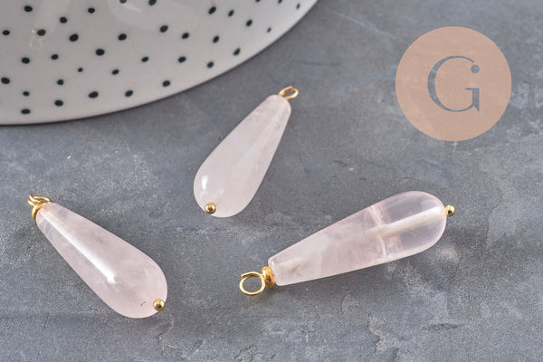 Pendentif goutte quartz rose naturel laiton & acier doré 38mm, x1 (G11052) VALIDE