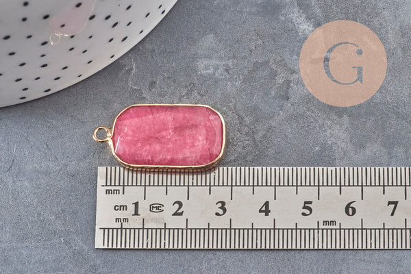 Pendentif rectangle jade naturel rose facettes laiton doré 31mm, x1 (G11043)