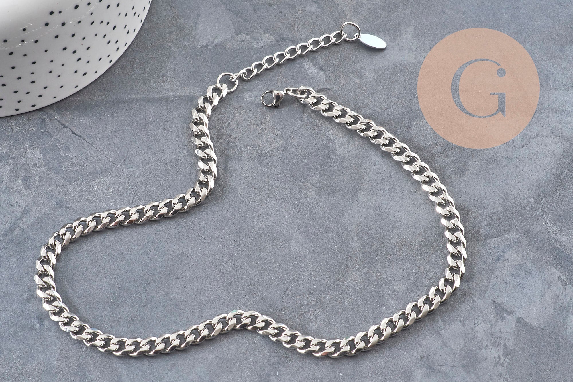 Collier Chaine maille cubaine diamantée acier inoxydable platine 9mm/41cm, x1 (G11055)