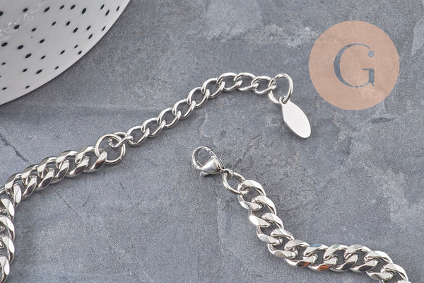 Collier Chaine maille cubaine diamantée acier inoxydable platine 9mm/41cm, x1 (G11055) VALIDE