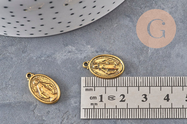 Pendentif médaille ovale Vierge Marie zamac doré 19.5mm, x2 (G11108)