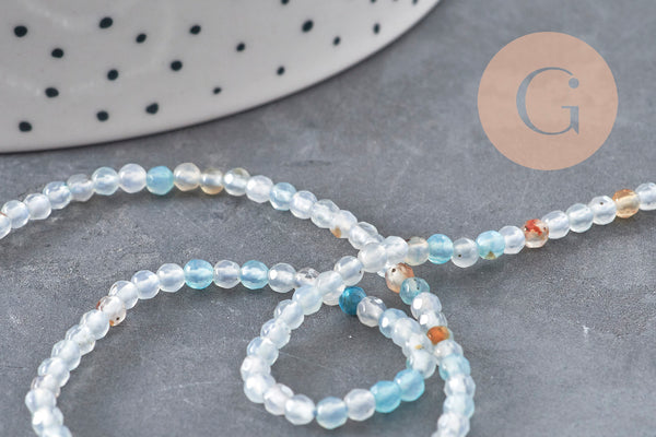 Perles Agate naturelle bleu ciel facettées 3mm, x1 fil de 38cm (G11094)