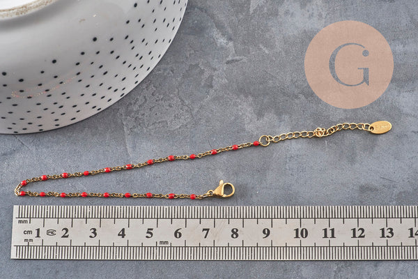 Bracelet Chaine 14k fantaisie résine rouge acier inoxydable doré 2mm/23cm, x1 (G1361)