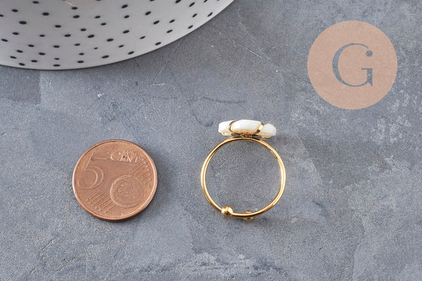 Bague réglable fleur nacre naturelle chaine acier inoxydable doré PVD, x1 (G11077)
