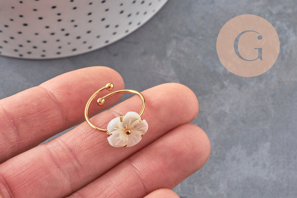 Bague réglable fleur nacre naturelle chaine acier inoxydable doré PVD, x1 (G11077)