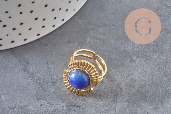 Bague réglable pierre bleue acier inoxydable doré PVD Taille 53, x1 (G11078)