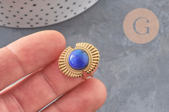 Bague réglable pierre bleue acier inoxydable doré PVD Taille 53, x1 (G11078)