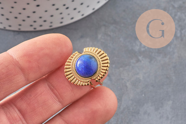 Bague réglable pierre bleue acier inoxydable doré PVD Taille 53, x1 (G11078)