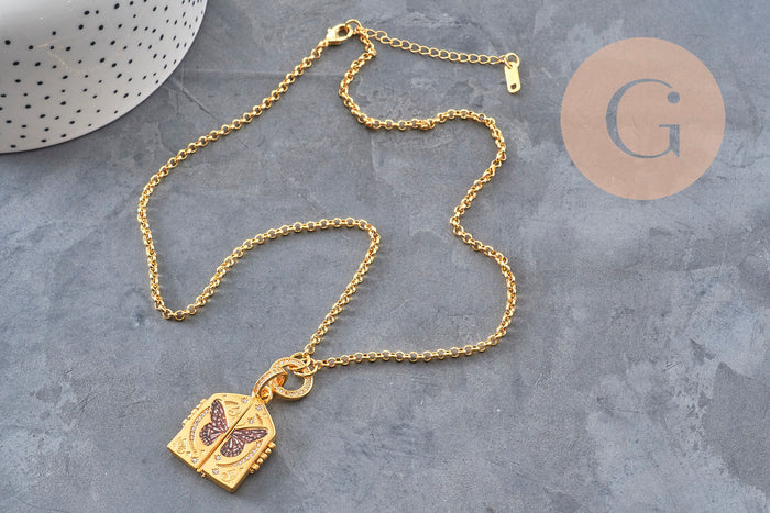 Collier pendentif locket papillon cuivre doré zircons , x1 (G11069)