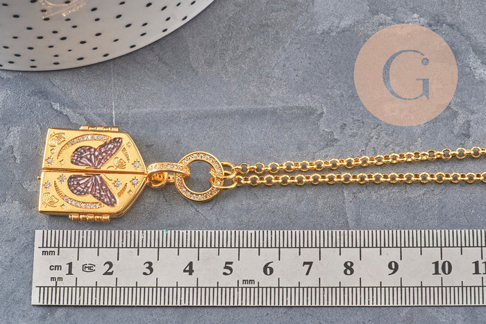 Collier pendentif locket papillon cuivre doré zircons , x1 (G11069)