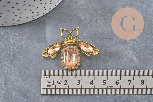 Broche abeille zamac doré Cristal champagne 47mm, x1 (G11086)