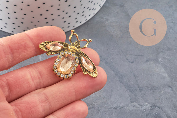 Broche abeille zamac doré Cristal champagne 47mm, x1 (G11086)