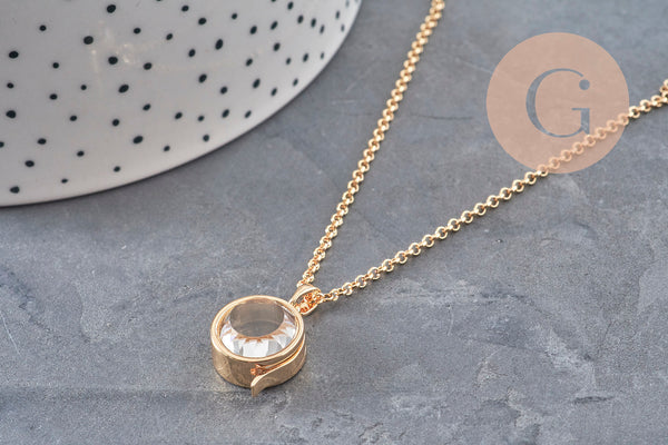 Collier locket rond porte-photo verre laiton doré 18K, x1 (G11087)