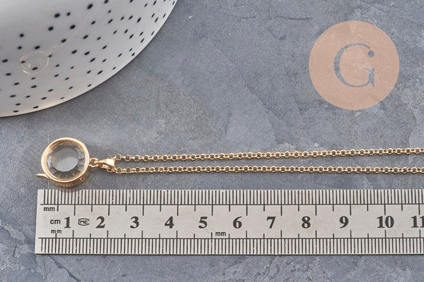 Collier locket rond porte-photo verre laiton doré 18K, x1 (G11087)