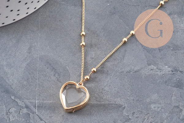 Collier locket cœur porte-photo verre laiton doré 18K, x1 (G11088)