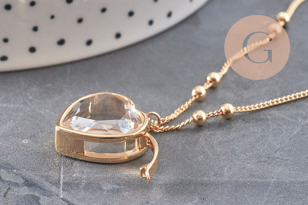 Collier locket cœur porte-photo verre laiton doré 18K, x1 (G11088)