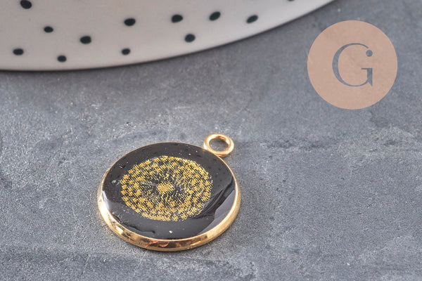 Pendentif rond motif pissenlit acier 304 inoxydable doré 16mm, x1 (G11103)