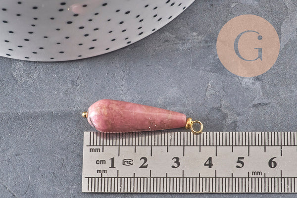 Pendentif goutte rhodonite naturelle laiton & acier doré 38mm, x1 (G11122)